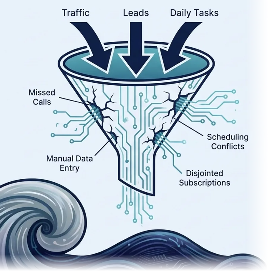 A funnel taking in traffic, leads, and daily tasks — leaking through cracks labeled missed calls, manual data entry, scheduling conflicts, and disjointed subscriptions.